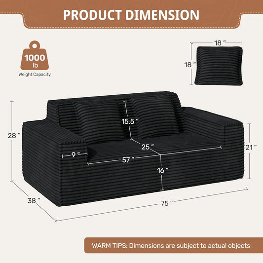 75'' Cloud Loveseat Sofa, No Assembly Required Comfy Deep Seat Couches 1 Pcs for Living Room, Bedroom, Apartment