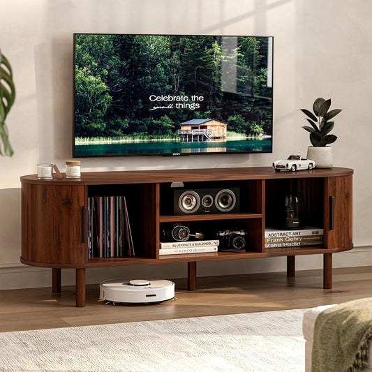 TV Stand for Tvs up to 60 Inch, Entertainment Center with Sliding Doors and Adjustable Shelf, Modern TV Console with Storage for Living Room, Bedroom, Walnut