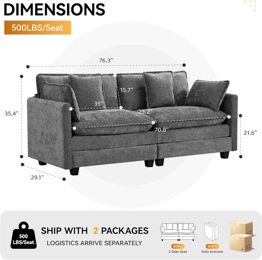 76'' Cloud Deep Seat Loveseat, Upholstered Chenille Modular 2-Seats Sectional Sofa Couch, Modern Comfy Settee Loveseat for Living Room Set, Small Apartment, Grey