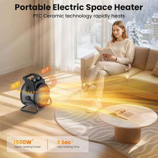 Space Heaters for Indoor Use, 1500W PTC Electric Heaters with Thermostat, Small Portable Heater with 90°Adjustable Angle, Fast Safety Heat, Overheat Protection, Small Heater for Indoor/Outdoor Use