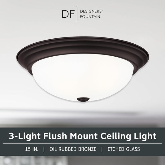 Reedley 3-Lights Flush Mount Ceiling Light, 15 Inch Lighting Fixture for Kitchen, Bedroom, Bathroom, and Hallway, Oil Rubbed Bronze with Etched Glass, 1257L-ORB-W