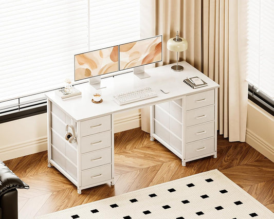 48 Inches Computer Desk with 8 Fabric Drawers, Modern Office Desk with Large Storage for Home Office, Study, White