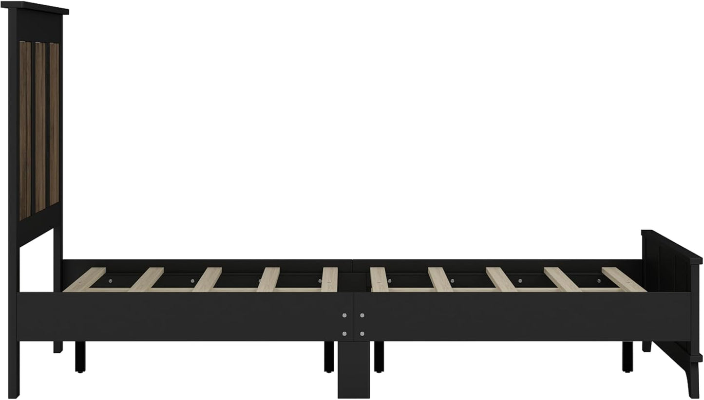 4 Pieces Bedroom Sets,Queen Size Platform Bed with Wooden Strip Stickers Decoration,Storage Nightstands & Drawer Dresser with Metal Handle for Kids Teens Adults,Farmhouse Bedroom Furniture Set,Black