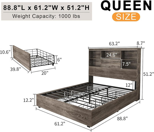 5-Piece Farmhouse Bedroom Set, 1 X Queen Size Bed Frame, 1 X 5 Drawer Dresser, 1 X Wood Rustic 6 Drawer Storage Dresser, Nightstand Set of 2 with Charging Station, Bedroom Furniture Set, Grey