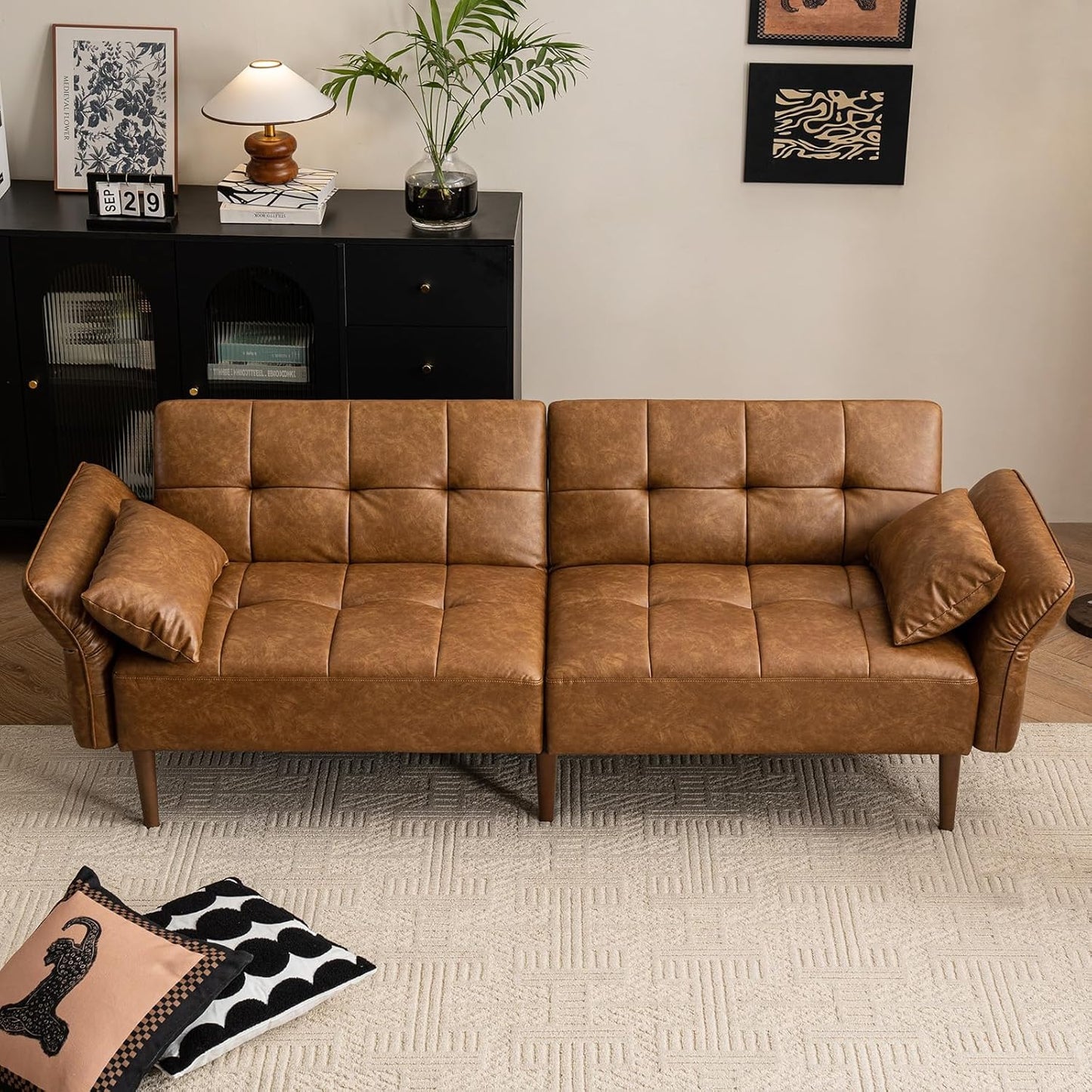 85” Futon Sofa Bed, Sleeper Sofa, Small Couch with Storage Adjustable Armrests Pillows, Faux Leather Loveseat, Mid Century Modern Couches for Living Room, Bedroom, Apartment, Brown