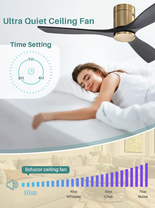 52 Inch Solid Wood Ceiling Fan without Lights Flush Mount Ceiling Fans with Remote Control-Wood Blades Modern Outdoor Ceiling Fan No Light for Bedroom/Farmhouse/Patio/Indoor, Black Gold