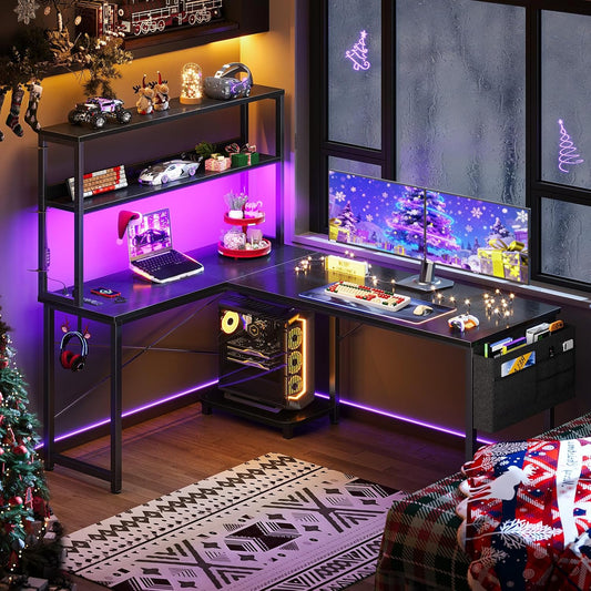 53 Inch L Shaped Desk with LED Lighting, Reversible Gaming Desk with Power Outlets, Cornor Computer Table with Storage Shelves & Bag & Iron Hook, Home Office Table for Writing, Study, Black