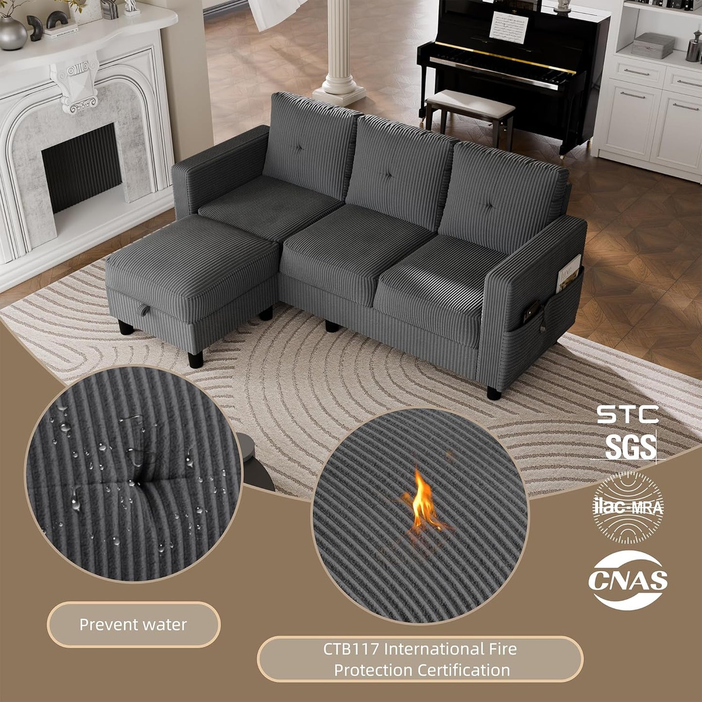 Convertible Sectional Couches for Living Room, L-Shaped Couch 3 Seat Sectional Sofa Set with Corduroy Fabric and Movable Ottoman Small Couch for Apartments, Office(Dark Grey)