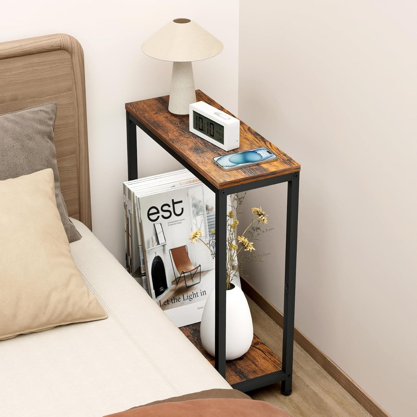 Narrow Small Side Table for Small Space, 2 Tier Sofa Skinny End Table for Living Room, Bedroom beside Slim Nightstand, Rustic Brown and Classic Black