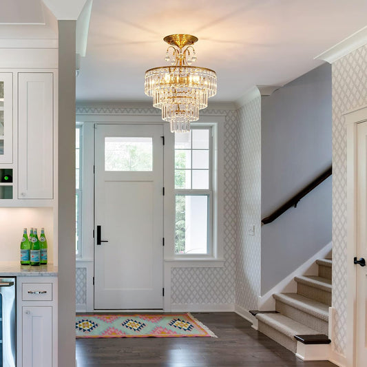 5 -Lights Crystal Gold Chandelier Fixture Modern Semi Flush Mount Ceiling Light with E12 Ceiling Lighting for Bedroom Living Room Kitchen Hallway Dining Room,D15.35 X H20.07