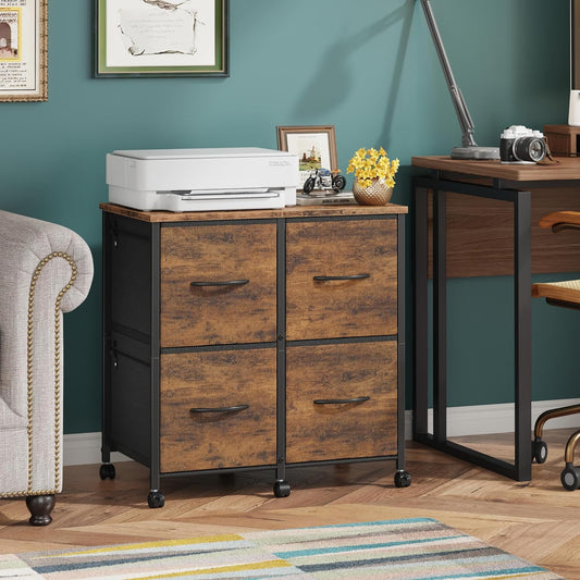 4 Drawer Lateral File Cabinet, Mobile Filing Cabinet for Large Printer, Home Office Functional Small Office Storage Cabinet & Printer Stand, Fits Letter/A4, Rustic Brown