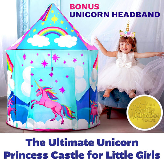 Unicorn Pop up Tent for Kids - Indoor and Outdoor Playhouse Unicorn Tent for Girls and Boys, Pink Princess Tents with Headband and Kids Storage Carry Bag