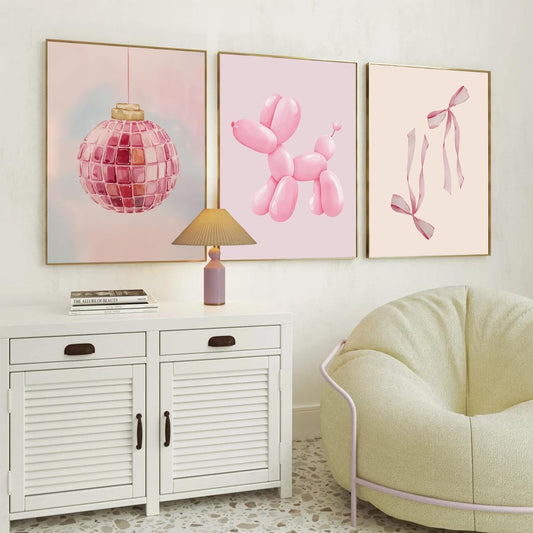 Blue and Pink Preppy Poster Set of 6 Cute Coquette Bow Boots Wall Art Aesthetic Coastal Wall Art, Trendy Girls Dorm Decor Cute Pink Bows Wall Decor for Bedroom Living Room Unframed 8X10 Inch