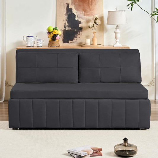 62.2" Queen Size Pull Out Sofa Bed,Leathaire Pull Out Couch with Tri-Fold Mattress,3-In-1 Convertible Sleeper Sofa with Pillows for Small Space/Bedroom/Apartment(Dark Grey)