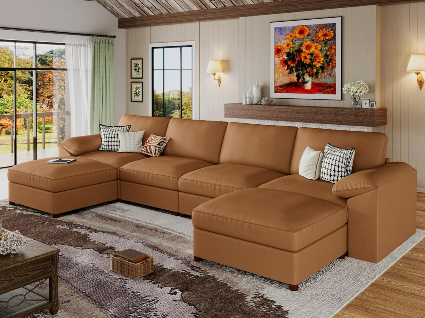 Brown Faux Leather Sectional Sofa,Leather Sectional Couch with Deep Seat,Extra Large U Shaped Couch,Oversized Modular Modern Scratch Resistant Sofas