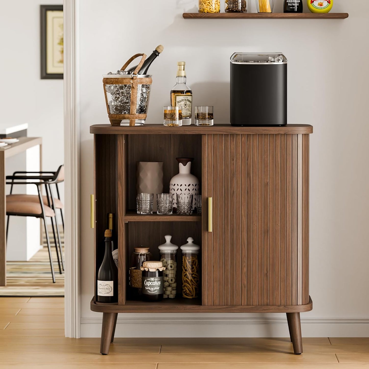 Walnut Buffet Cabinet, Sideboard Buffet Storage Cabinet with Rolling & Sliding Doors, Modern Bar Cabinet for Kitchen & Dining Room