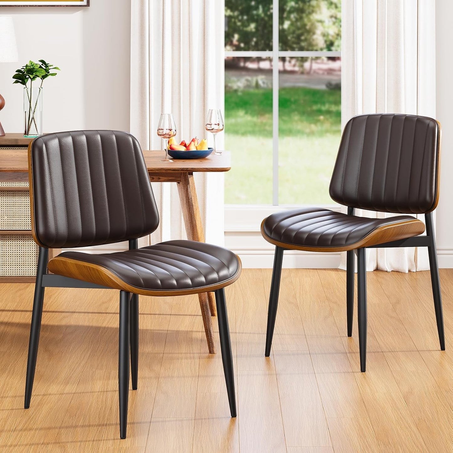 Dining Chairs Set of 4, Mid Century Modern Dining Room Kitchen Chairs, Upholstered PU Leather Vertical Stripe Chairs for Vanity with Walnut Bentwood and Metal Legs, Brown