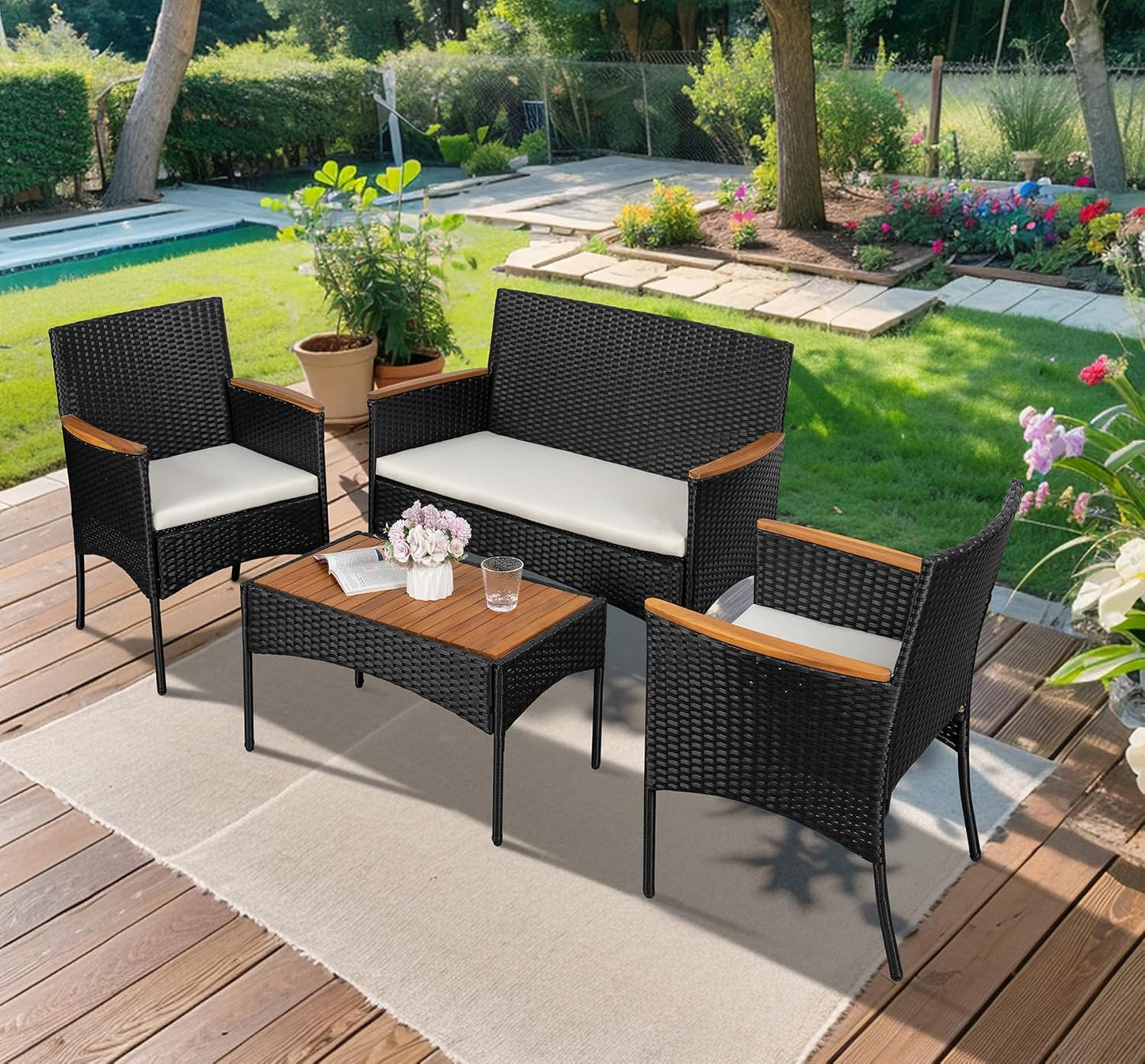 4-Piece Patio Furniture Set, Outdoor Wicker Patio Conversation Furniture Set with Cushions and Wooden Tabletop for Paito Lawn Backyard Pool Garden, Black Rattan
