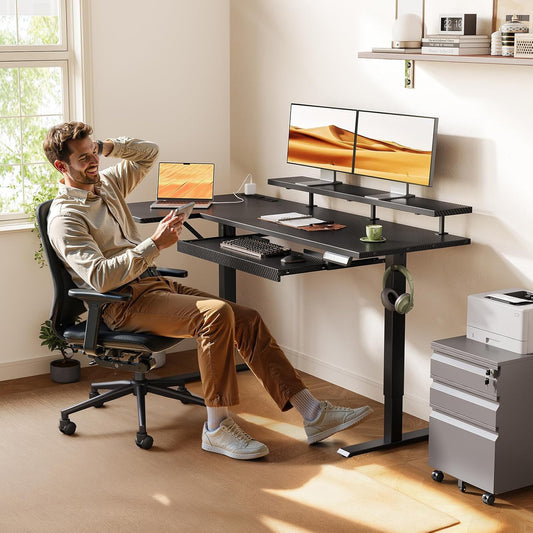 55 Inch L Shaped Electric Standing Desk with Keyboard Tray, Reversible Height Adjustable Corner Computer Desk with Monitor Stand, Sit Stand up Lift Table for Home, Office, Carbon Fiber Black