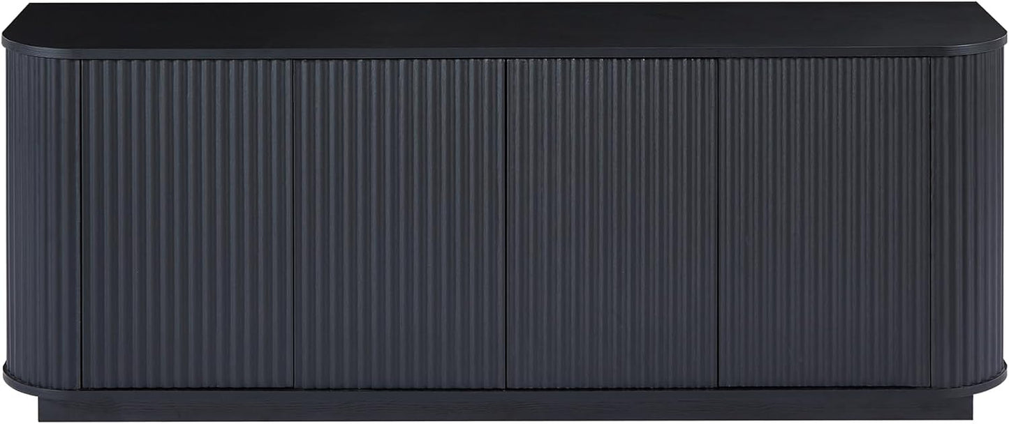 64" Sideboard Buffet Cabinet with Storage, Wooden Fluted Storage Cabinet Sideboard Credenza with Adjustable Shelves Pressed Spring for Kitchen Living Room (Black)