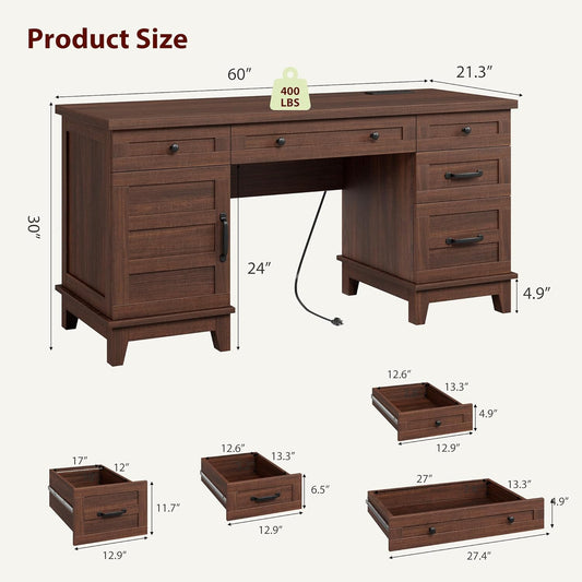 Executive Desk with File Drawers, Farmhouse Home Office Desk with Charging Station, 60 in Wooden Computer Desk with Cabinet Storage for Work Study Writing, Walunt Brown