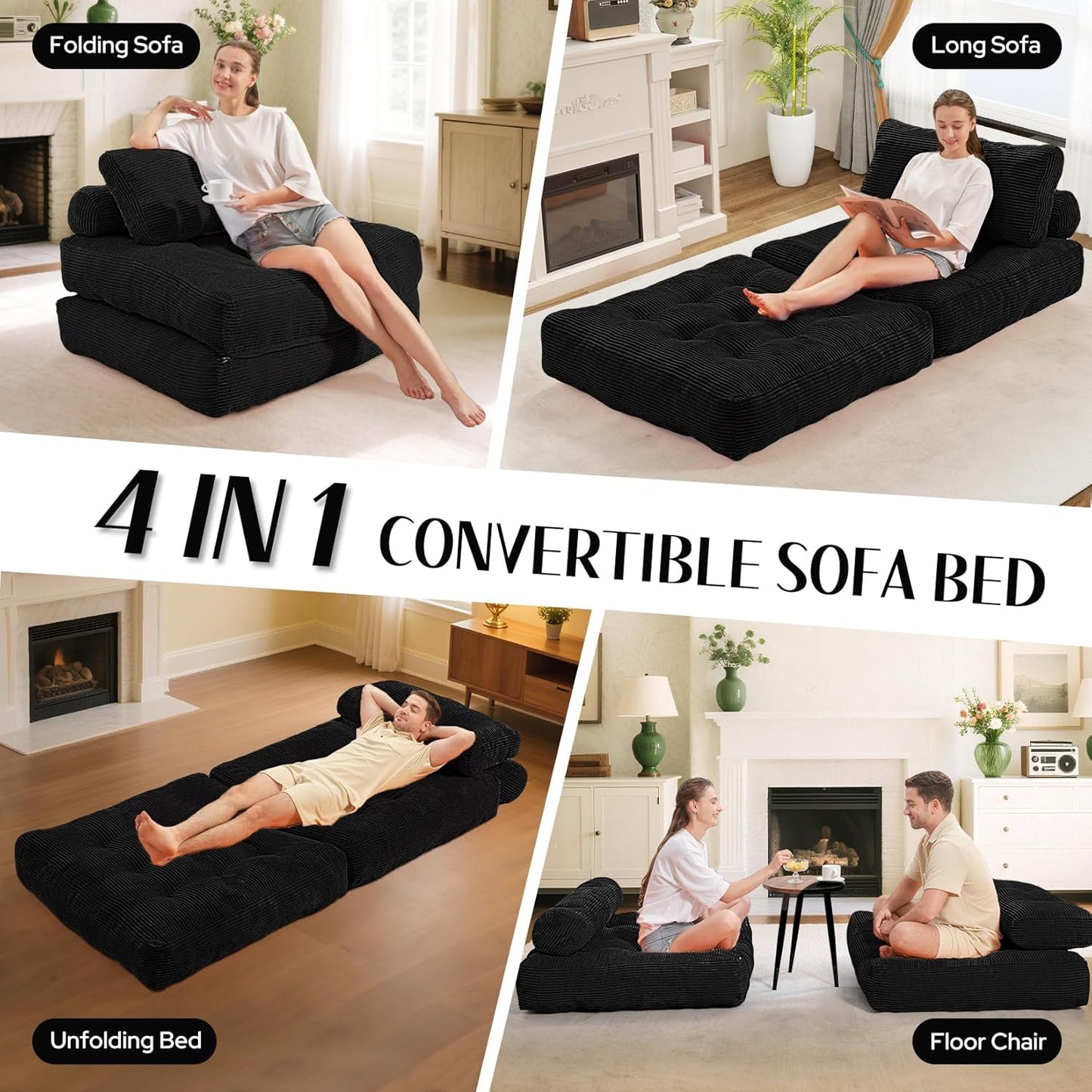 Folding Sofa Bed, Convertible Sleeper Chair Bed W/Dual-Pillow & Handle, Foldable Floor Sofa Lounge W/Back Support for Living Room, Bedroom, Apartment, Office, Single, Black