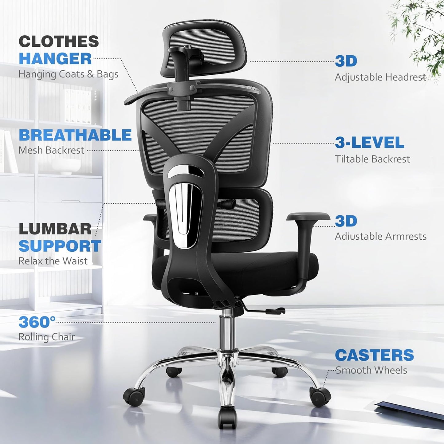 Ergonomic Office Desk Chair, High Back Mesh Office Chair with Adjustable Lumbar Support, 3D Headrest, Big and Tall Home Computer Desk Chairs Comfy for Work, Gaming, 300Lbs, Black