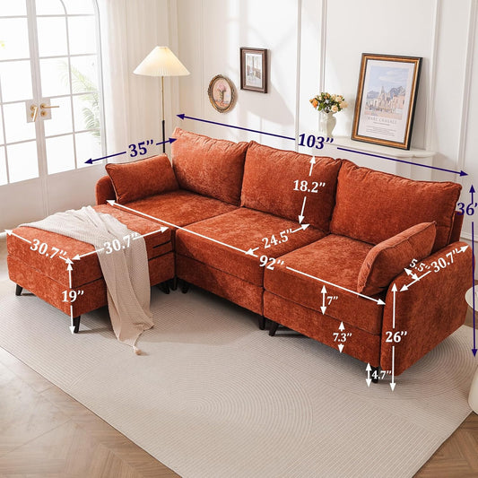 104'' Modular Sectional Sofa with All Seats Storage, Oversized L Shaped Couch for Living Room,3-Seater Comfy Cloud Couches with Movable Ottoman,Big Sectional for Bedroom,Velet,Orange