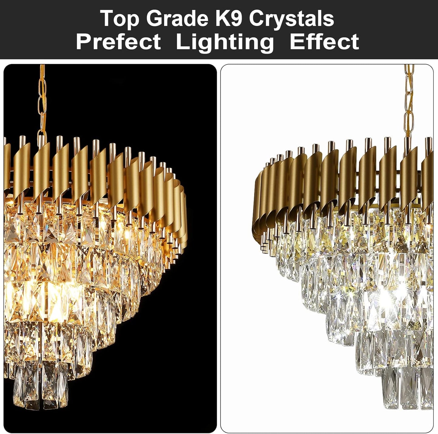 AXILIXI Modern Crystal Chandelier Gold, 24" round Chandeliers for Dining Room K9 5 Tiers Ceiling Pendant Light Fixtures Golden Large Raindrop Flush Mount Chandelier for Foyer Living Room Staircase