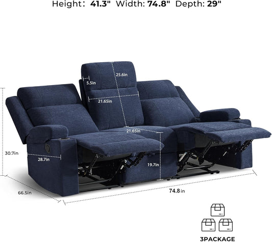 Large Manual Reclining Sofa 3-Seater Chenille Recliner Couch with Cup Holders, Wide Seat, Easy Assembly & Spill-Resistant Fabric Cozy Reclining Sofa for Living Room, Apartment, RV, Blue