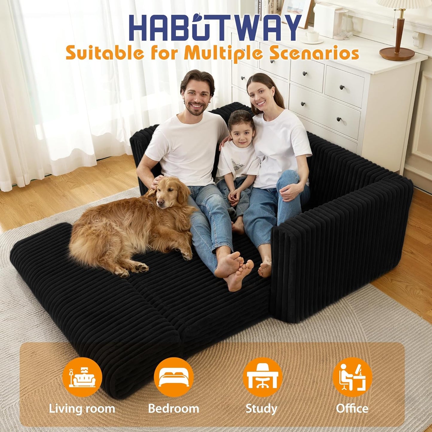 Folding Sofa Bed, 2 in 1 Convertible Sleeper Chair with Armrest, Portable Fold Out Chair Bed, Comfy Floor Couch, Multi-Functional Lazy Sofa for Living Room Bedroom Dorm Home Office, Black