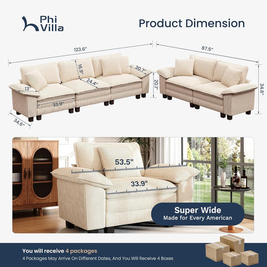 Cloud Modular Couches Sets, 2 Pieces Comfy Sectional Sofa Set with Loveseat, 5-Seater Upholstered Couch for Living Room, Corduroy, Beige