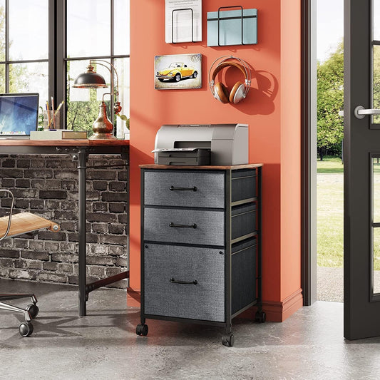 Mobile File Cabinet, Rolling Printer Stand with 3 Drawers, Fabric Vertical Filing Cabinet Fits A4 or Letter Size for Home Office, Rustic Brown