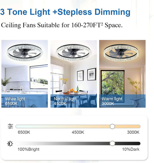 Ceiling Fans with Lights and Remote, 19.7" Low Profile Ceiling Fan with Light, 3000-6500K Dimmable, 6 Speeds and Stepless Color Temperature Change for Bedroom, Living Room and Kids Room(Black)