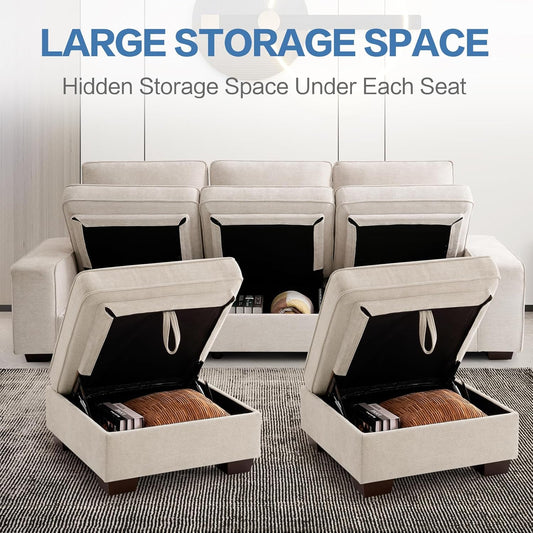 100" Modular Sectional Sofa with Seats Storage, L Shaped Couch with Movable Ottoman for Living Room, Couch with Chaise, Solid Wood Frame, Spring Cushions, USB Port, Removable Covers, Beige | Seats Storage, Movable Ottoman, Flexible Modularsofa