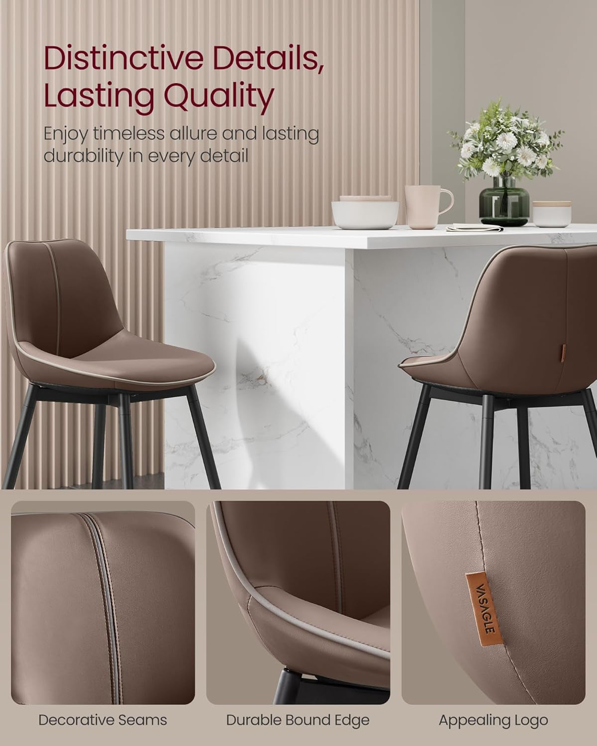 Bar Stools Set of 2, Counter Height Bar Stools with Back, Ergonomic Backrest, Synthetic Leather, Metal Legs, 24.8-Inch Tall Barstools for Kitchen Island Home Bar, Easy Assembly, Coffee Brown