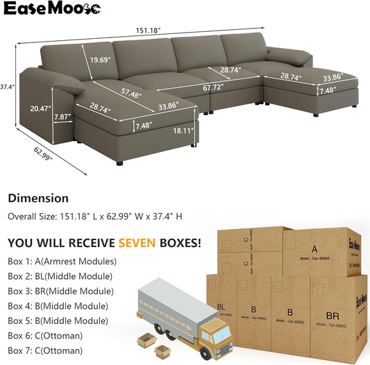 Oversized U Shaped Couch,Modular Sectional Convertible Sofa with Wide Deep,Extra Large Faux Leather Scratch Resistant Modern Couch for Big Spaces,Light Grey