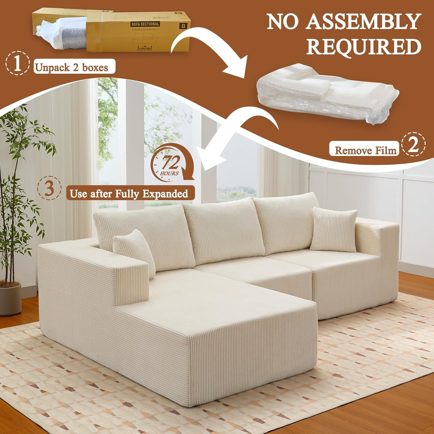 Modular Sectional Sofa for Living Room, 108" Cloud Couch Sectional with L-Shape Chaise, Modern Upholstered Corduroy Boneless Couch with Memory Foam Deep Seat, No Assembly Required (Beige)