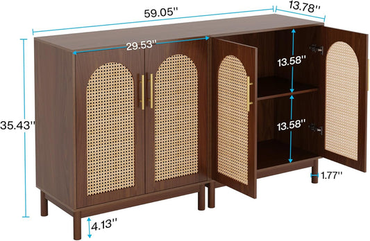Set of 2 Rattan Sideboard Buffet Cabinet with Storage, 59 Inch Accent Cabinet for Dining Room, Living Room, Kitchen, Rattan and Dark Brown