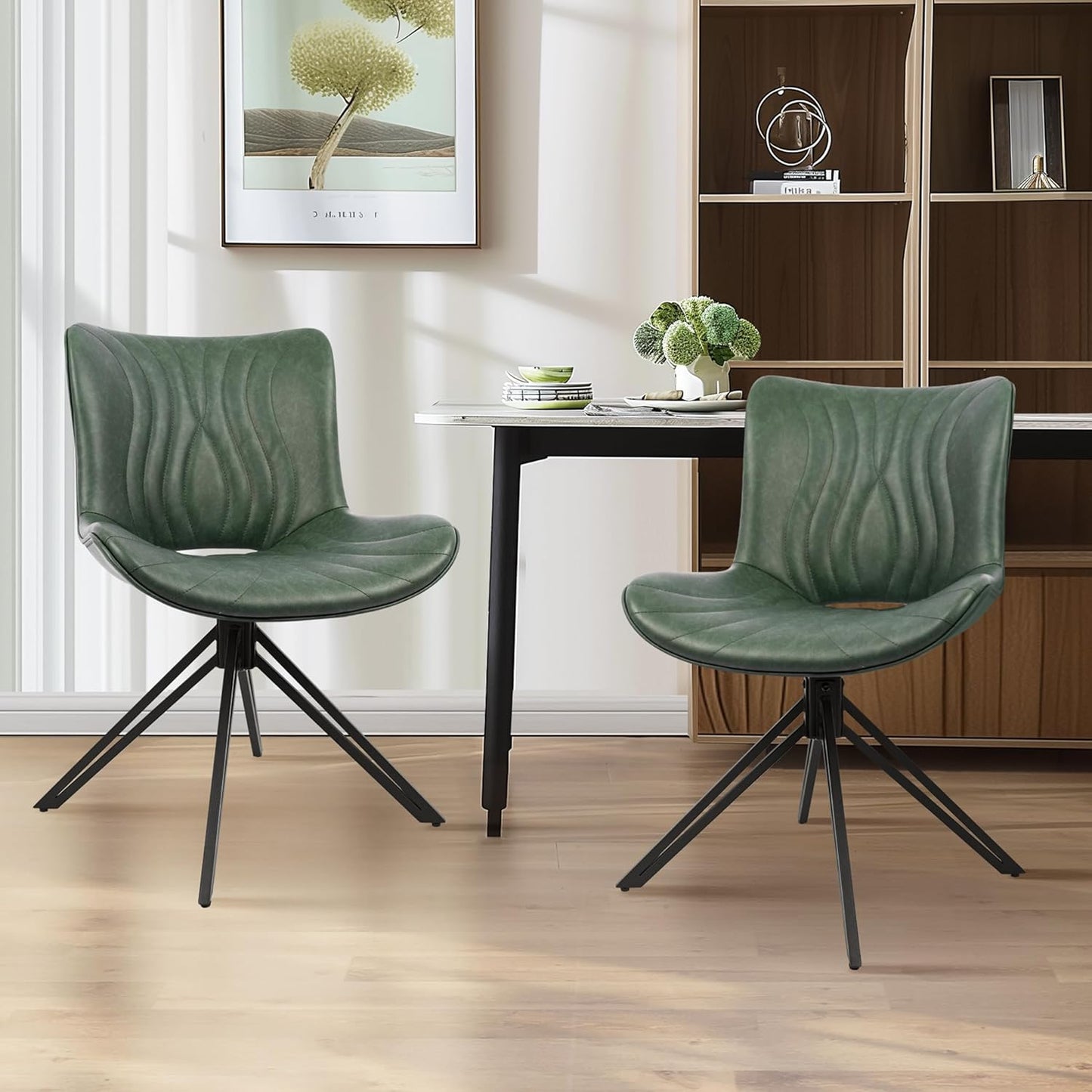 Dining Chairs Set of 4, 360° Swivel Upholstered Mid-Century Modern Kitchen Dining Room Chairs, Armless Faux Leather Accent Side Chair with Padded Back,Metal Legs for Living Room Bedrooms,Green