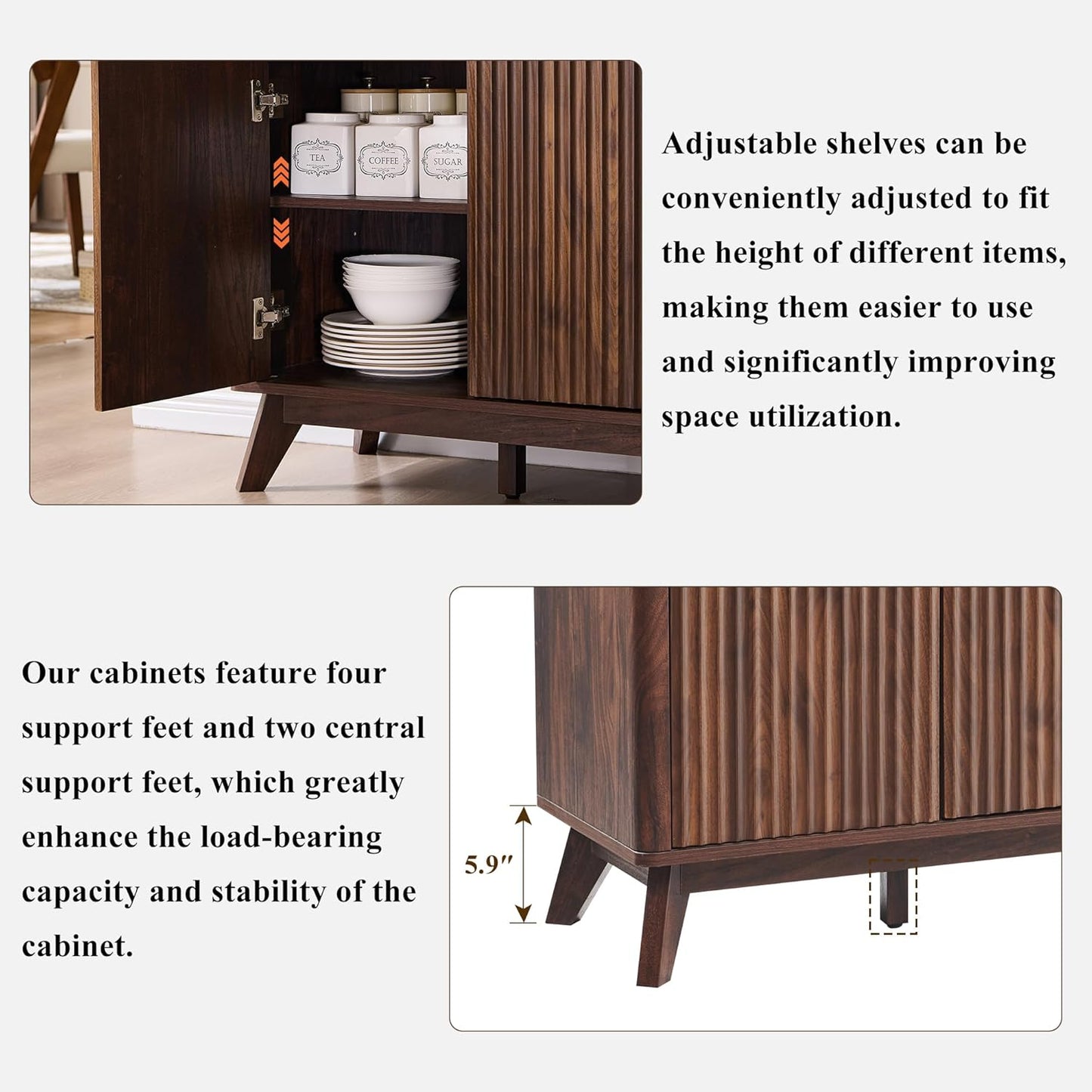 Fluted Buffet Sideboard Cabinet with Storages, 60" Large Modern Buffet Table Coffee Bar Wine Bar Storage Cabinet with 3 Drawers & 4 Doors for Dining Room, Living Room, Hallway(Dark Walnut)