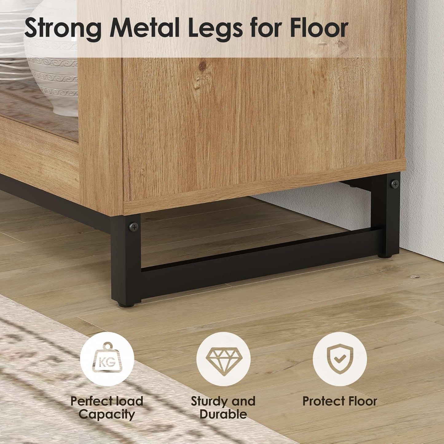 63'' Multifunctional Sideboard Buffet Cabinets with 4 Glass Doors and and 2 Drawers, Modern Sideboard Credenza, Coffee Bar Storage Cabinet for Living Room, Kitchen, Oak