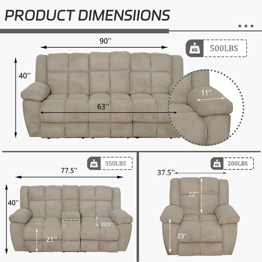 Corduroy Fabric Recliner Sofa Set, 3 Piece Living Room Furniture Set, Manual Reclining Sofa Couch and Chair with Cup Holders/Storage/Coffee Table (Beige)