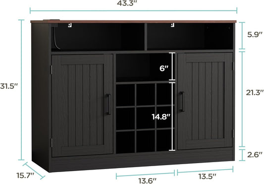 Farmhouse Buffet Cabinet with Prower Outlets, Rustic Sideboard Buffet with Wine Rack, Wooden Buffet Table for Dining Room, Antique Black