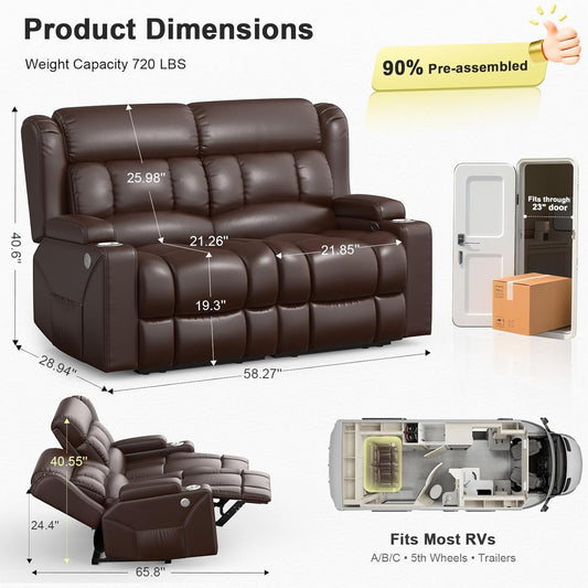 RV Loveseat Recliner Sofa, Reclining Loveseat Home Theater Seating with USB Ports, Cup Holders, Insert Pockets, Wall Hugger RV Recliners for Movie Room, Recline Movie Seats Gaming Sofa, Brown