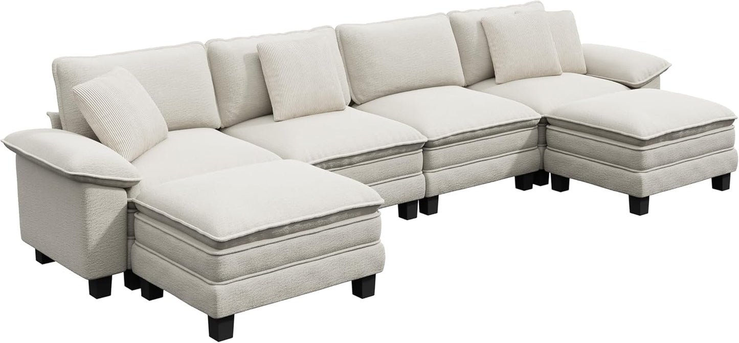 157-Inch U Shaped Sectional Sofa with Cloud Cushions, Deep Seat Modular Couch Set W/ 6 Seats & 2 Ottomans, Removable Arms, Plush Chenille Upholstery for Living Room, Apartment - Beige