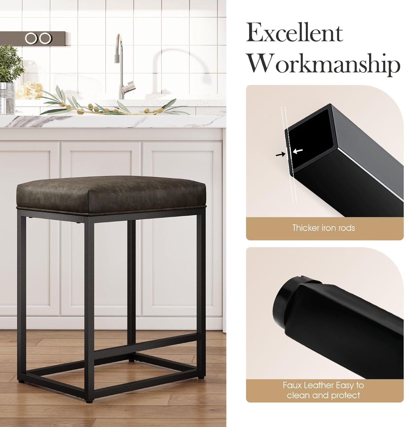 Counter Height Bar Stools Set of 4, Modern PU Leather 24" Bar Chairs with Metal Frame,Grey