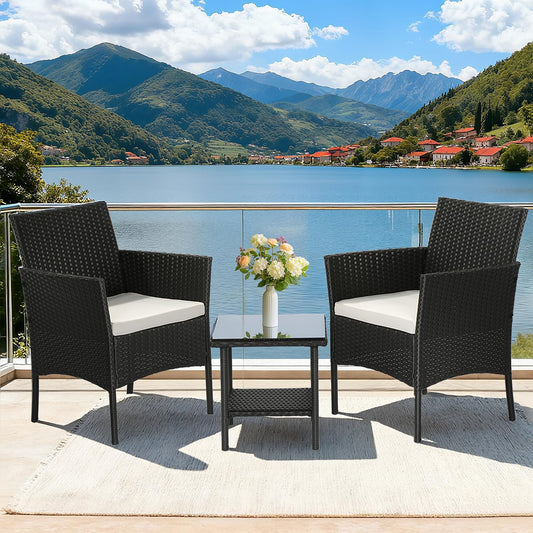 Wicker Outdoor Furniture Patio Furniture Set of 3 Rattan Patio Chairs Outdoor Chairs Patio Conversation Set with Coffee Table for Yard Backyard Lawn Porch Poolside Balcony,Black