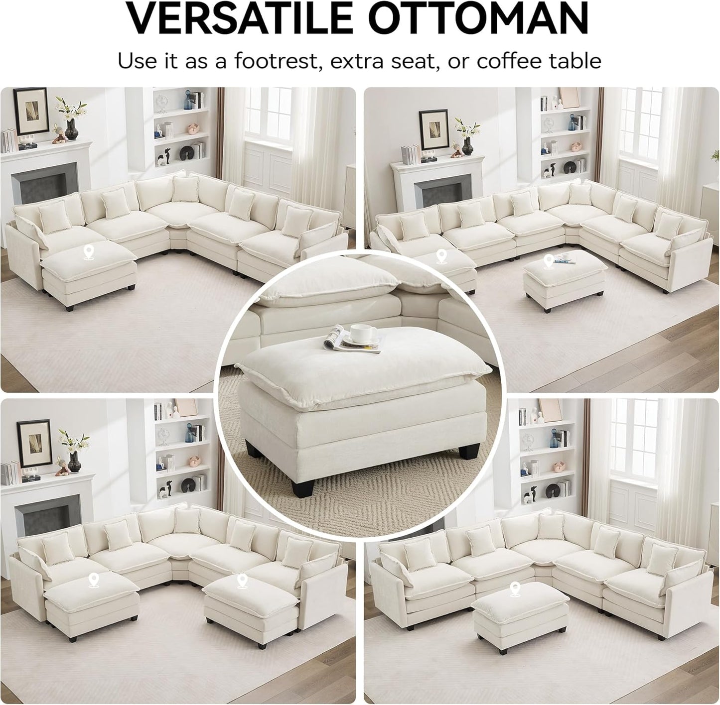 35‘’ Modern Chenille Cloud Sofa Ottoman,Rectangle Ottoman for Modular Sectional Sofa, Beige