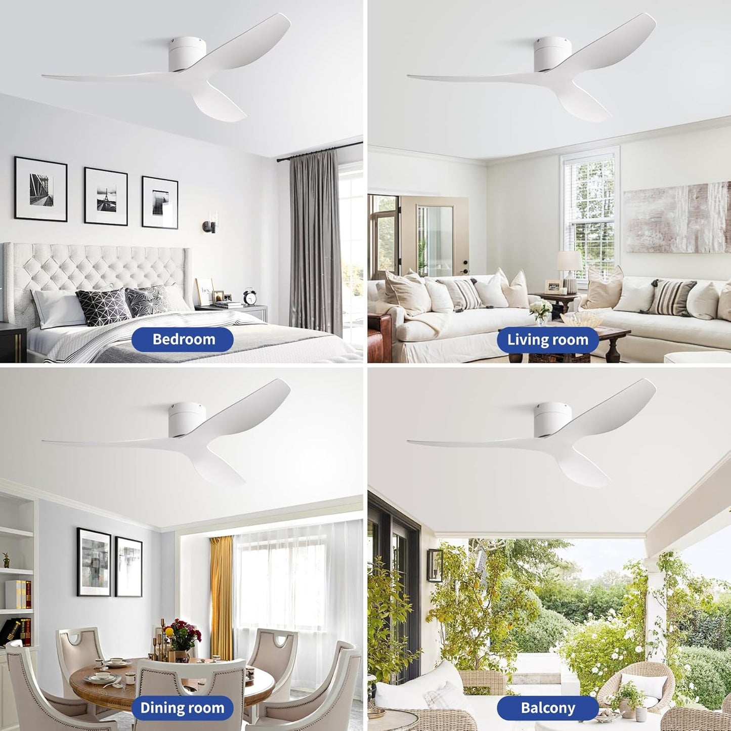52-Inch White Ceiling Fan without Light, Modern Low-Profile Flush Mount Fan with Remote, 6-Speed Reversible Quiet DC Motor,For Balcony, Living Room, Bedroom (No Light)